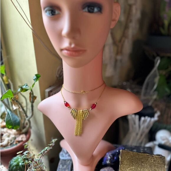 Vintage Napier Gold Fringe Red Bead Necklace - Picture 1 of 5